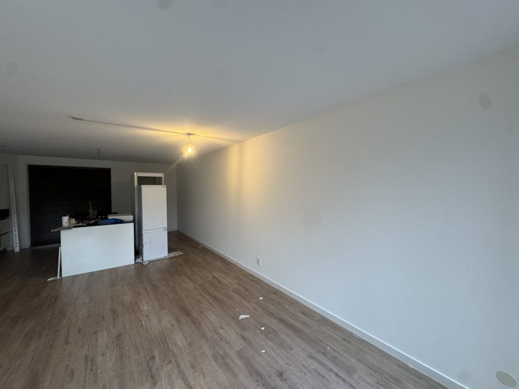 Woonkamer van een appartement met laminaatvloer, witte wanden en een keukenblok achterin